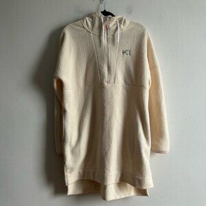 Kari Traar Sz M Fleece Long Off White Hooded Tunic Lenght 1 2 Light Coat